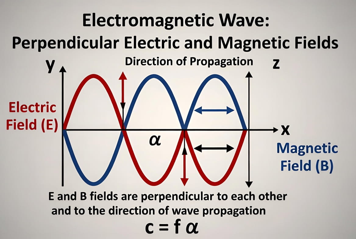 Diagram of electromagnetic wave showing perpendicular electric and magnetic fields oscillating