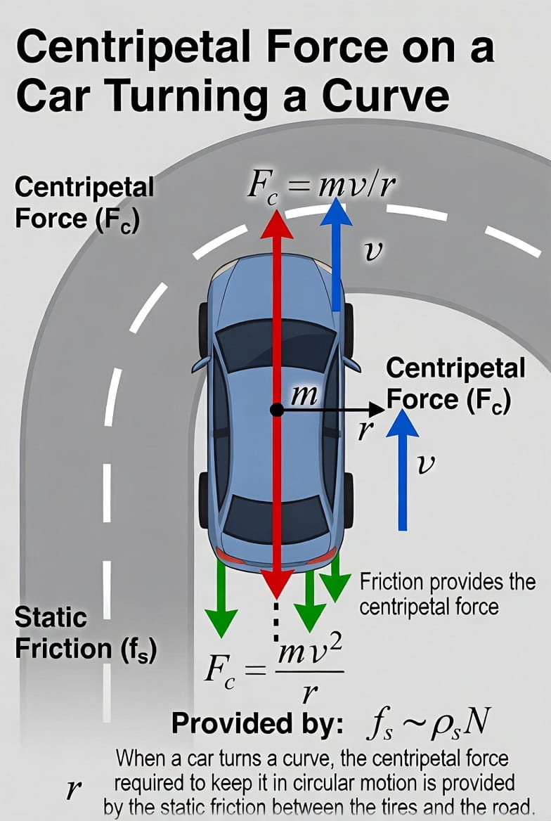 Diagram showing centripetal force on a car turning a curve with friction providing the force