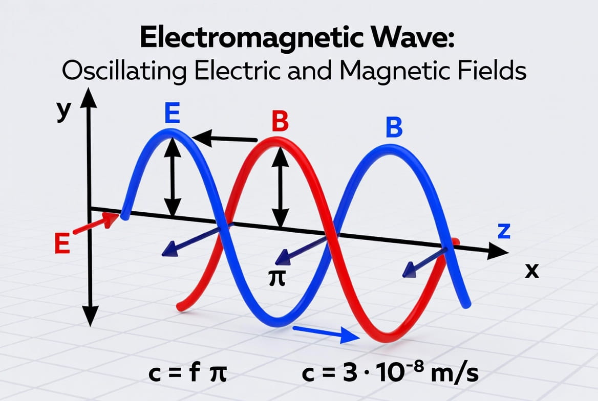 Diagram showing oscillating electric and magnetic fields of an electromagnetic wave