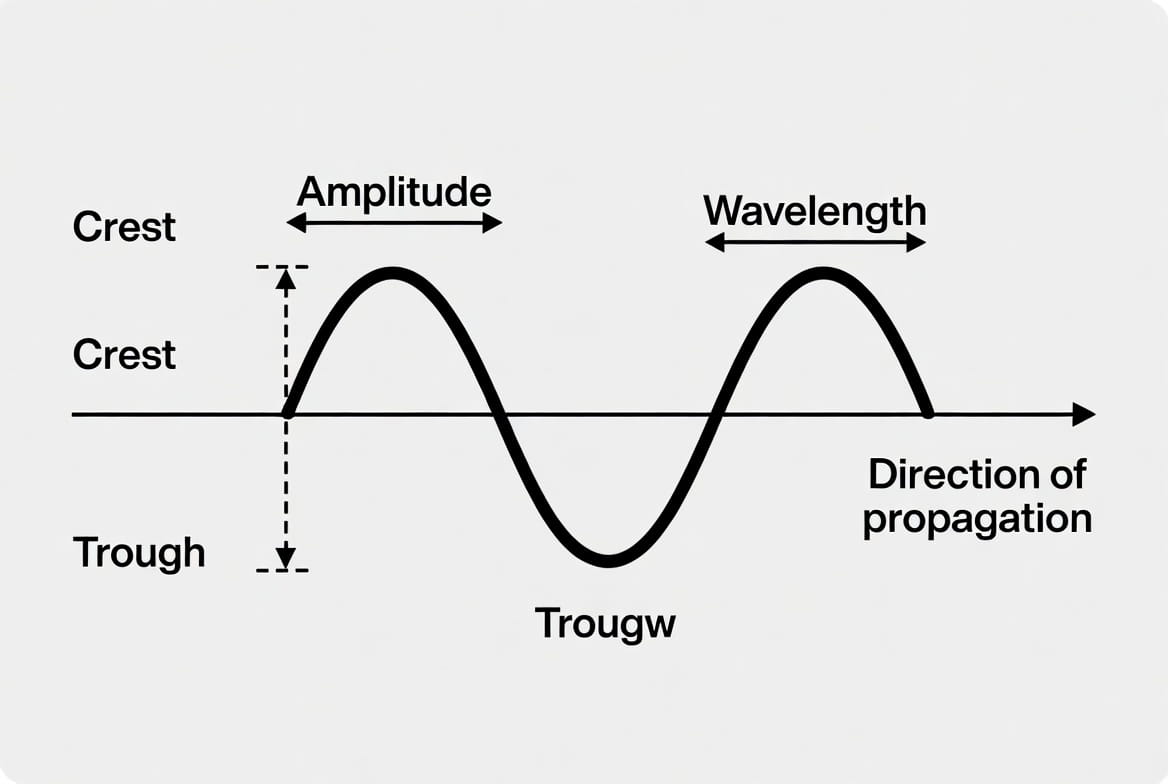Labeled diagram of a transverse wave showing crest, trough, amplitude, wavelength, and direction of propagation