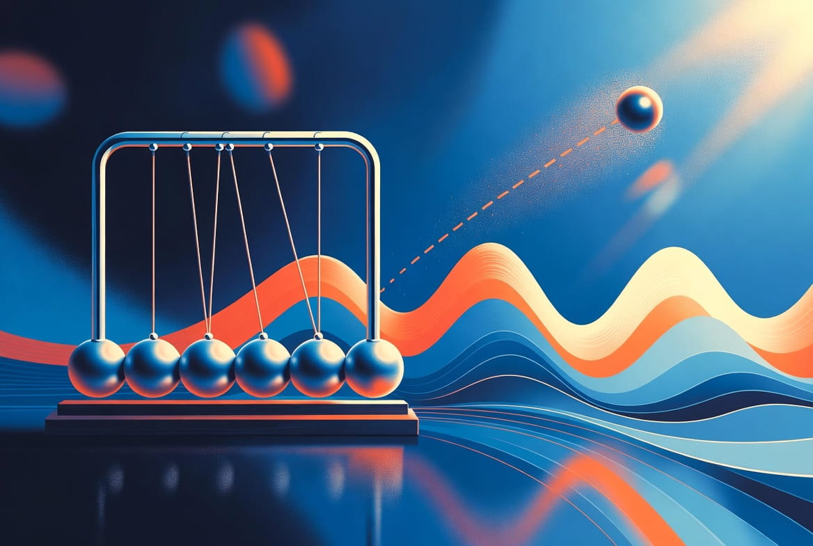 Physics fundamentals illustration showing Newton's cradle, transverse waves, and projectile motion